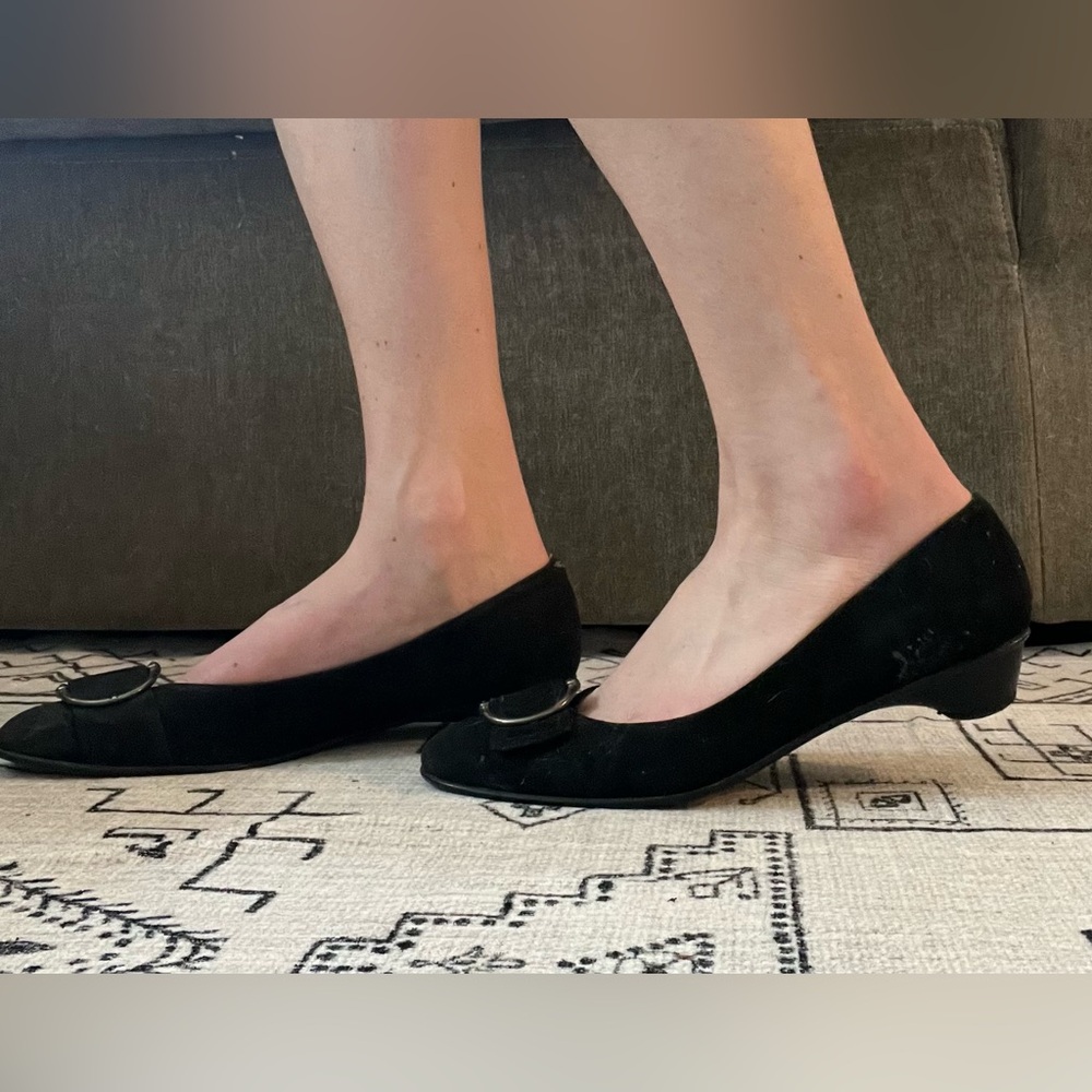 Stuart Weitzman Black Suede Flat with mini-heel and Chrome detail